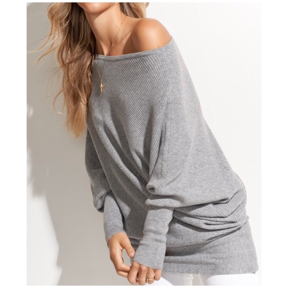 SOLD OUT Heather Gray Slouchy Off Shoulder Oversized Top - Picture 2 of 2